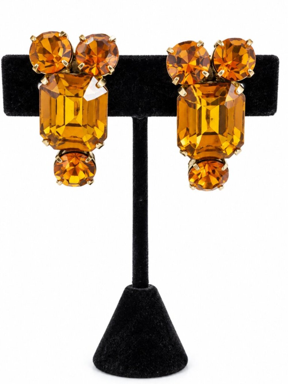 Vintage Signed Coro Amber Rhinestone Screw Back Earrings MCM